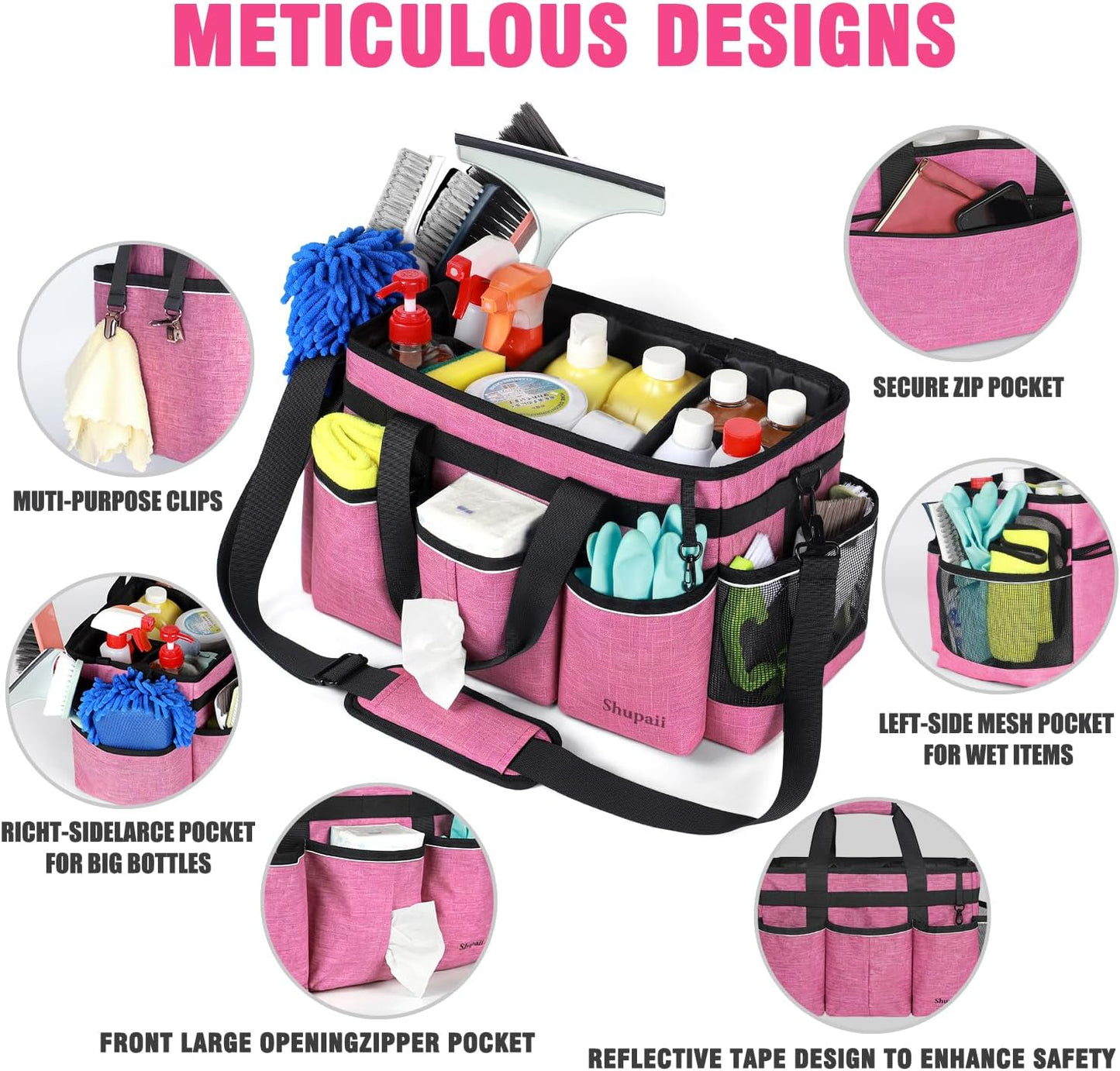 Wearable Cleaning Caddy Bag, Cleaning Caddy Supplies Organizer with Handles for Cleaners & Housekeeper, Under Sink & Car Cleaning Tool Organizers Bag with Adjustable Shoulder Strap&Waist Belt