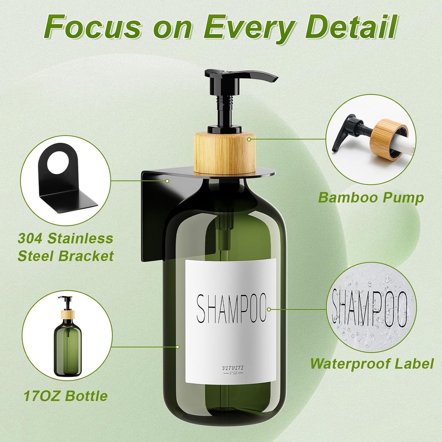 VITVITI Shampoo and Conditioner Dispenser 3 Chamber for Shower Wall, White | Refillable Body Wash Shower Soap Dispenser Wall Mounted, Drill Free 17oz Plastic Shower Bottles for Bathroom, Set of 3