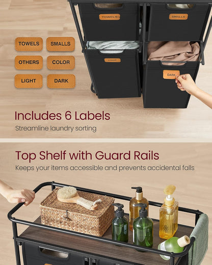 VASAGLE Laundry Sorter with Wheels, 39.6 Gal., 4 Removable Liners | Portable Laundry Cart with Shelf, 150 L, 6 Labels, Ink Black and Chestnut Brown, STEVIE Collection URLS100BH01S
