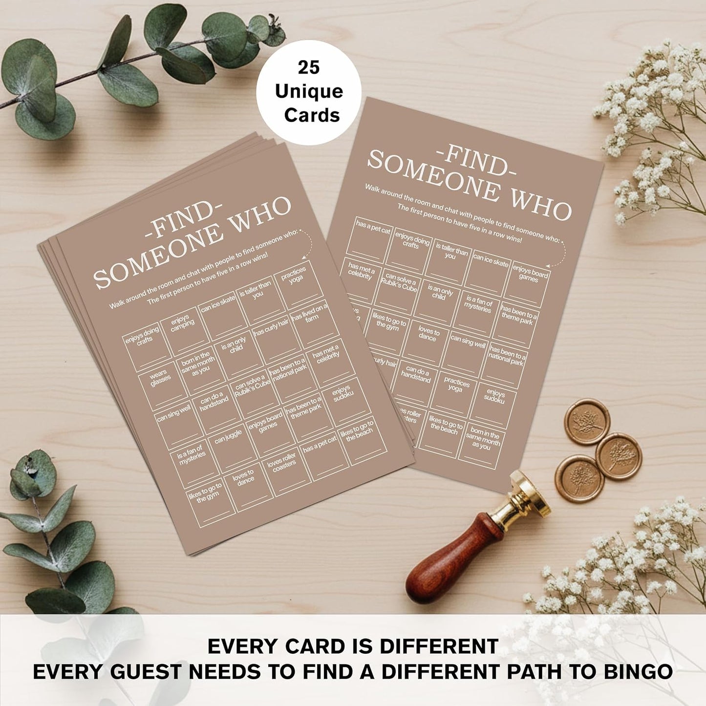Find Someone Who Bingo Cards, 25 Unique Sheets, Team Building Games for Work, Icebreaker Fun, Engaging Office Games, Team Building Activity for Employees and Groups - Brown