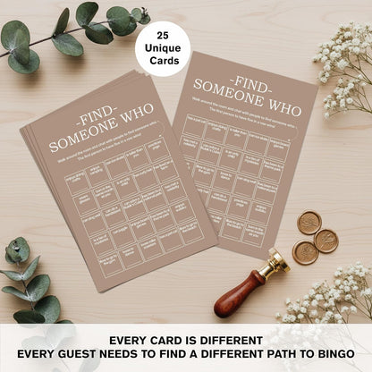 Find Someone Who Bingo Cards, 25 Unique Sheets, Team Building Games for Work, Icebreaker Fun, Engaging Office Games, Team Building Activity for Employees and Groups - Brown
