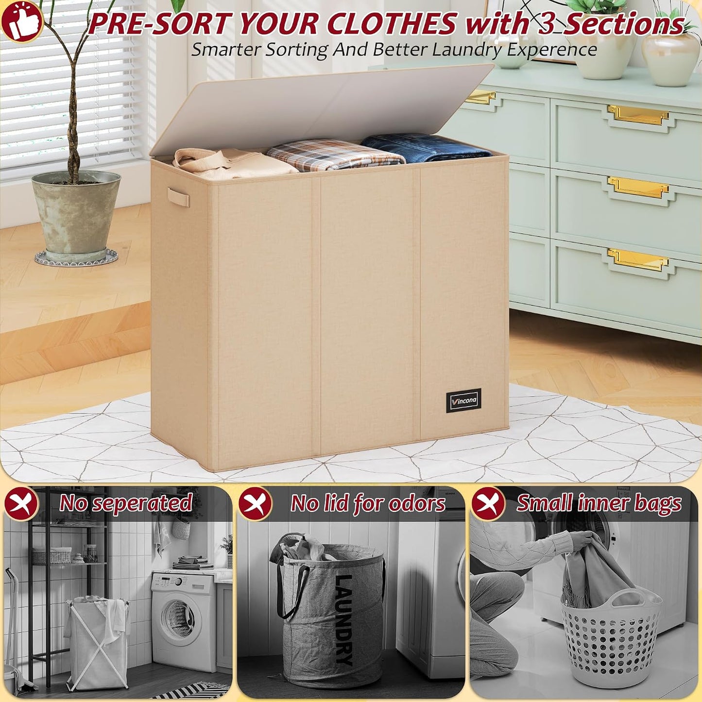 195L Laundry Hamper 3 Section,Large Laundry Hamper with Lid,Dirty Clothes Hamper with 3 Inner Bags,Collapsible Laundry Basket Organizer for Laundry Room,Bedroom,Laundry Sorter Hamper 3 Compartment