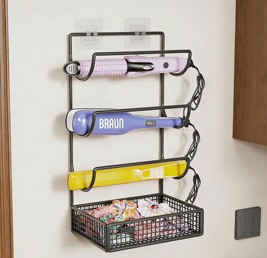 4-Tier Metal Hair Tool Organizer, No Drill Wall-Mounted Storage Rack - Heat Resistant Holder for Curling Iron, Hair Dryer, Straightener, Styling Tools (White/Black)