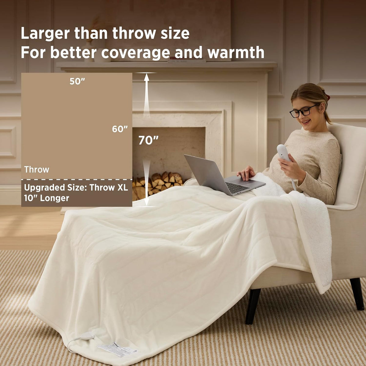 Bedsure Heated Blanket Throw, Soft Electric Blanket with Preheat, Cream