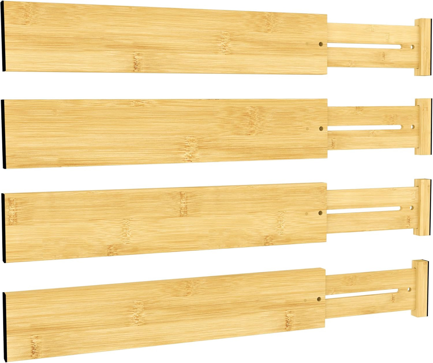 BAMEOS Bamboo Expandable Drawer Dividers – Fits 16.6"–22" Drawers, 2" High, Set of 4 | Spring-Loaded Bamboo Separator for Kitchen Island, Bathroom Vanity & Dresser Drawers