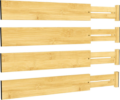 BAMEOS Bamboo Expandable Drawer Dividers – Fits 16.6"–22" Drawers, 2" High, Set of 4 | Spring-Loaded Bamboo Separator for Kitchen Island, Bathroom Vanity & Dresser Drawers