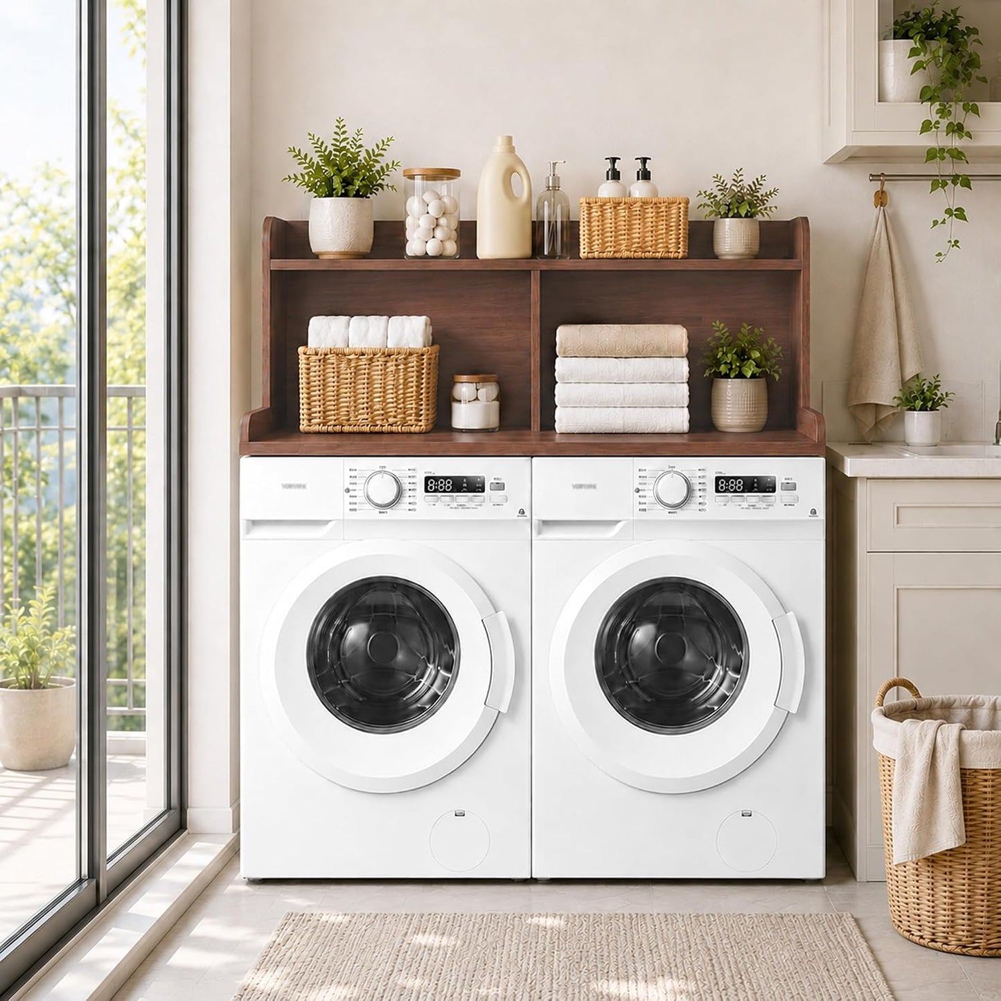 Royxen Washer Dryer Countertop with Extra Tall Shelf, 19" Height Washer and Dryer Topper, Laundry Countertop with Non-Slip Pads, Universal Fit for Laundry Room Organization, Walnut