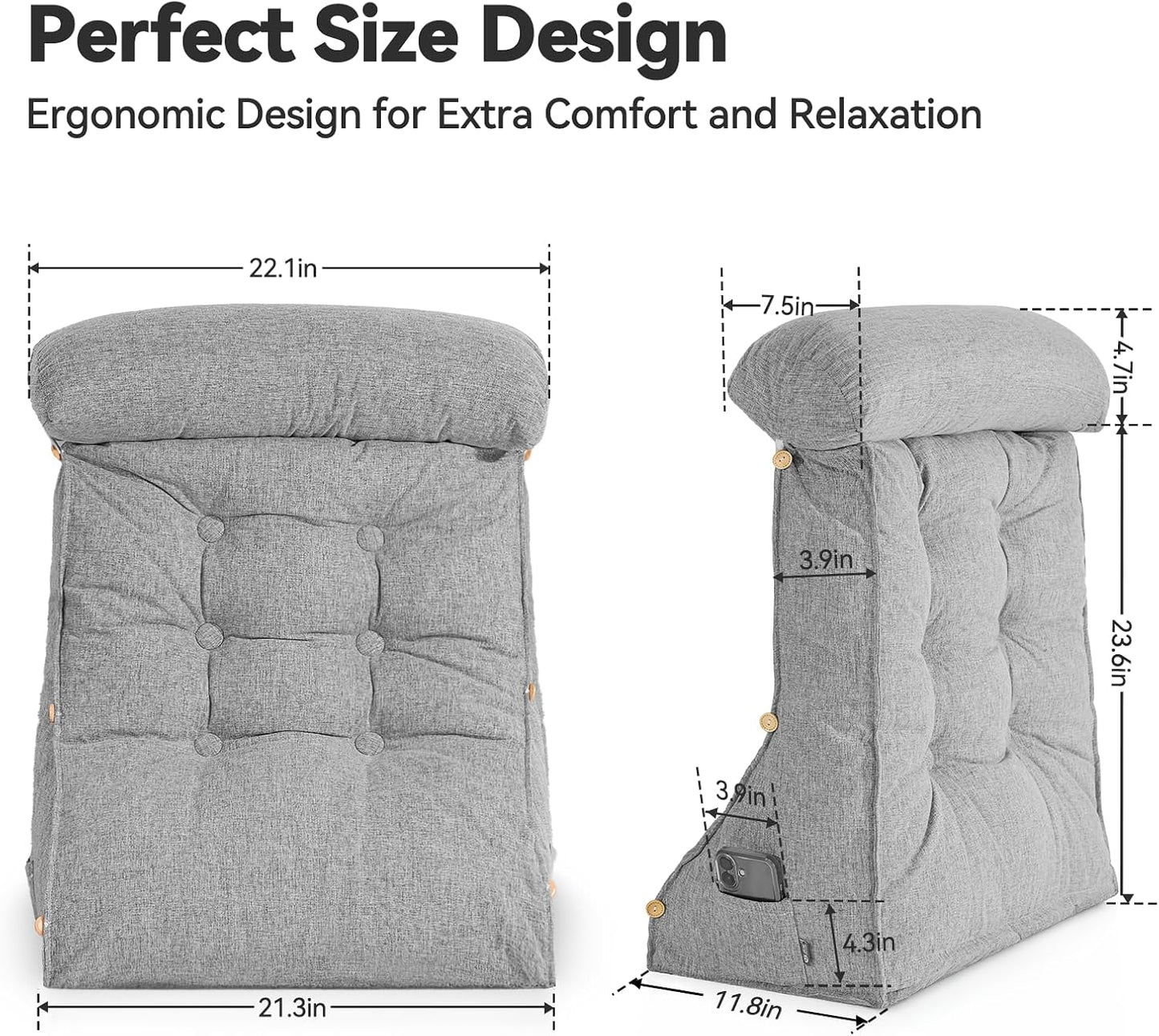 23" H Bed Wedge Reading Pillow with Adjustable Headrest, Reading Pillow for Sitting in Bed Couch Adult Backrest Pillow for Neck Back Lumbar Support with Removable Washable Cover Light Gray