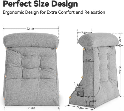 23" H Bed Wedge Reading Pillow with Adjustable Headrest, Reading Pillow for Sitting in Bed Couch Adult Backrest Pillow for Neck Back Lumbar Support with Removable Washable Cover Light Gray