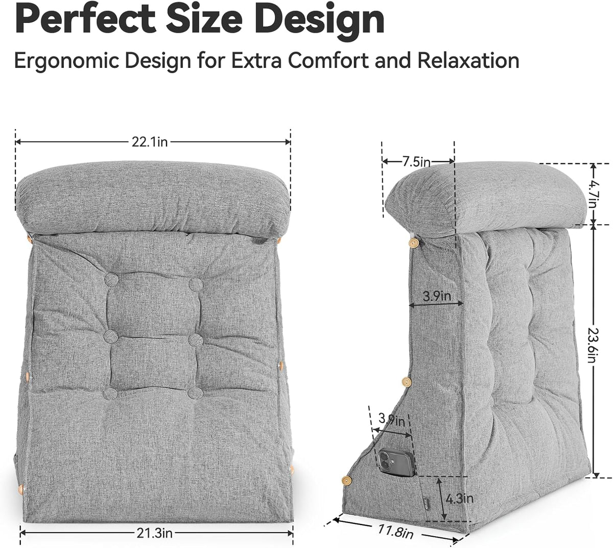 23" H Bed Wedge Reading Pillow with Adjustable Headrest, Reading Pillow for Sitting in Bed Couch Adult Backrest Pillow for Neck Back Lumbar Support with Removable Washable Cover Light Gray