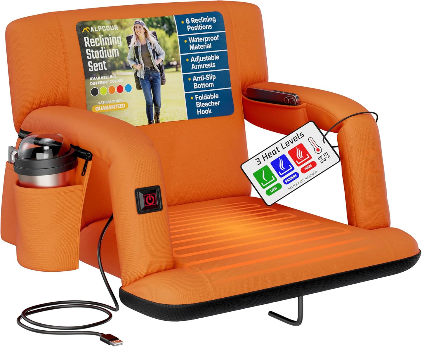 Heated Reclining Stadium Seat for Bleachers – Wide Bleacher Chair with Back Support and Cushion, Armrests, Side Pockets, & Hook – Stadium Seats Chairs for Camping, Kayak, Paddle Board & More
