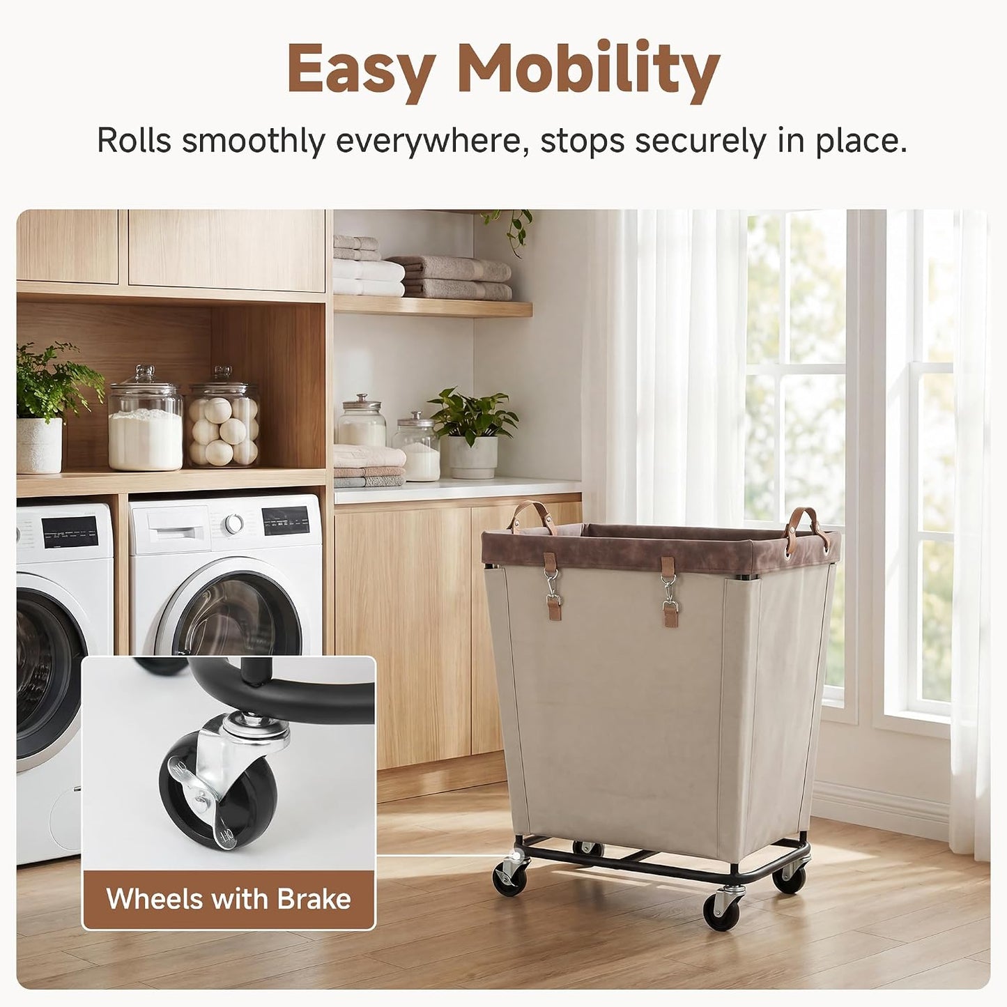 StorageWorks 160L Laundry Basket with Wheels, Rolling Hampers for Clothing | Beige Laundry Basket with Wheels, Metal Frame & Handles, Rolling Hamper for Bedroom, Bathroom, Dorm, Hotel
