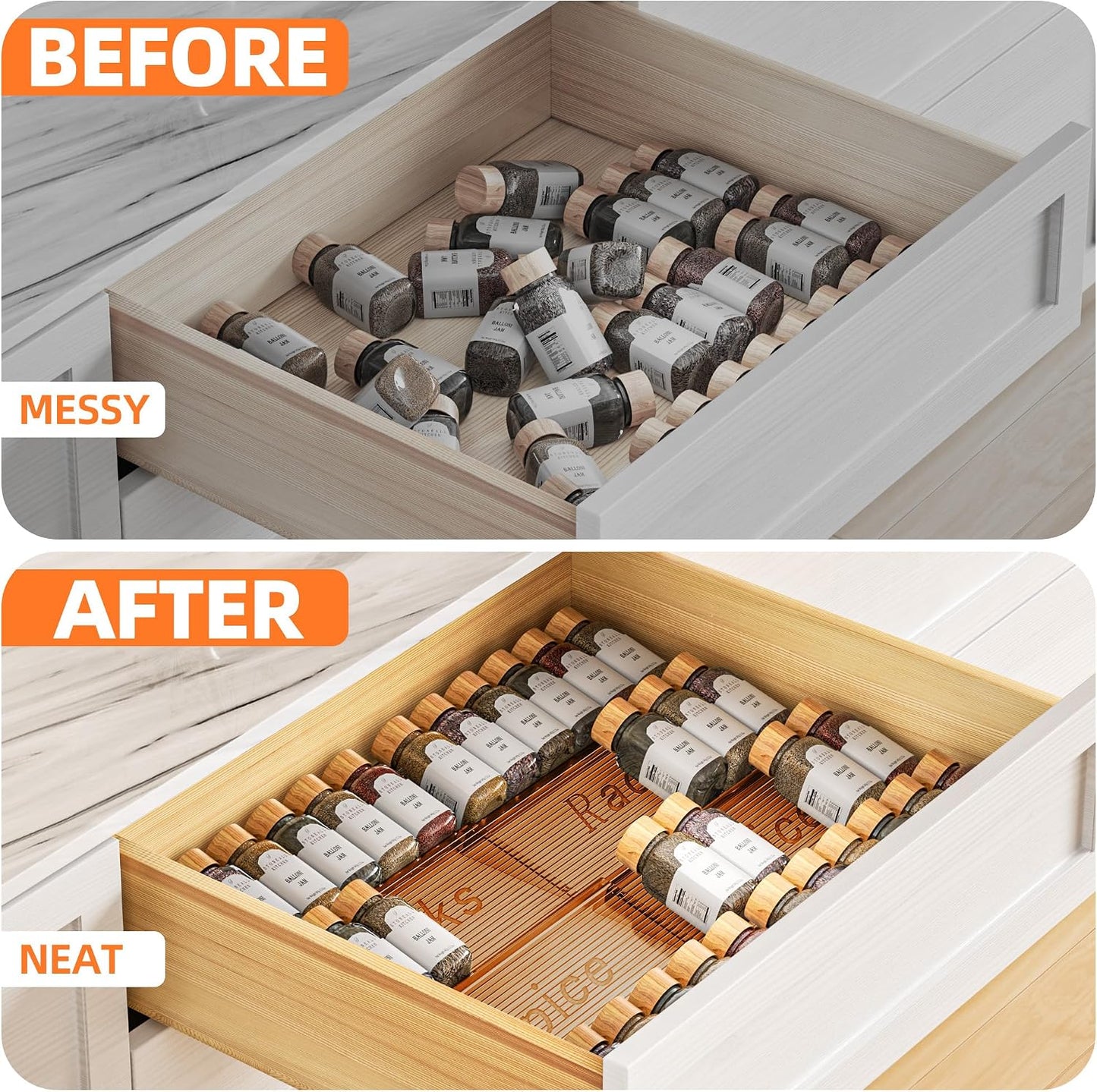 Spice Drawer Organizer, 8 Pack Clear Seasoning Organizer Rack | Expandable From 11" to 22" Wide, Kitchen Spice Rack Organizers for Drawer, Countertop, (Jars Not Included)