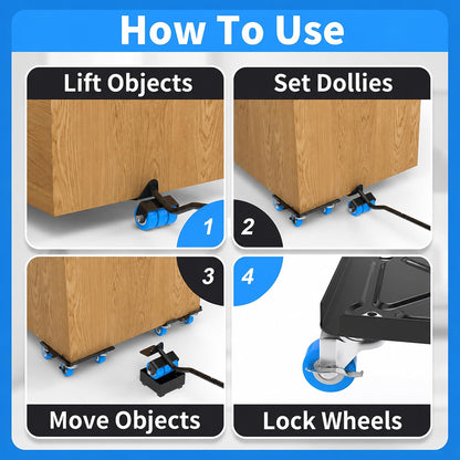 Heavy Duty Furniture Dolly 360 Rotate 5 Wheels 3000 Lbs Capacity 5.3x5.3 in | Furniture Movers with Green Wheels, Measure Tape & Leveler, Alloy Steel Furniture Lifter Tool for Smooth Home & Office Uses