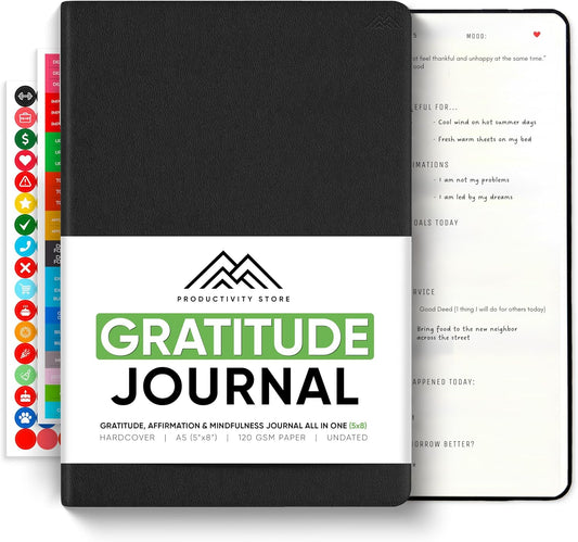 Gratitude & Self-Care Journal - Guided Mindfulness & Mental Health Journal All-in-One with Prompts for Self Discovery - Daily Journal for Men & Women (A5, Black) - PRODUCTIVITY STORE