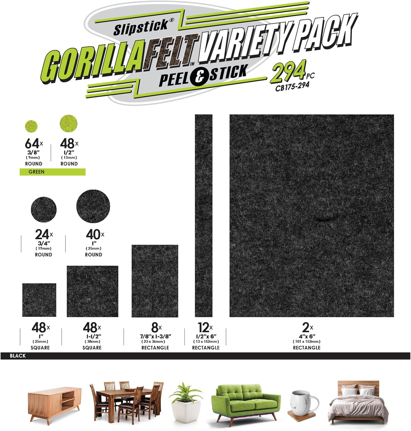 Slipstick Gorilla Felt Furniture Pads (189 Piece Variety Pack) Premium Furniture Pads & Chair Leg Floor Protectors for Hardwood Floors & Hard Surfaces