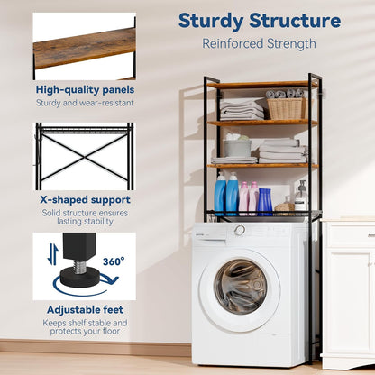 Laundry Room Storage Shelf & Organizer, 2 Tier Metal Over Washer and Dryer Shelves, Washing Machine Shelf with Hanger Rod, Expandable Bathroom Space Saver Shelf, 26–37" L x 15.8" W x 59.5" H, Black