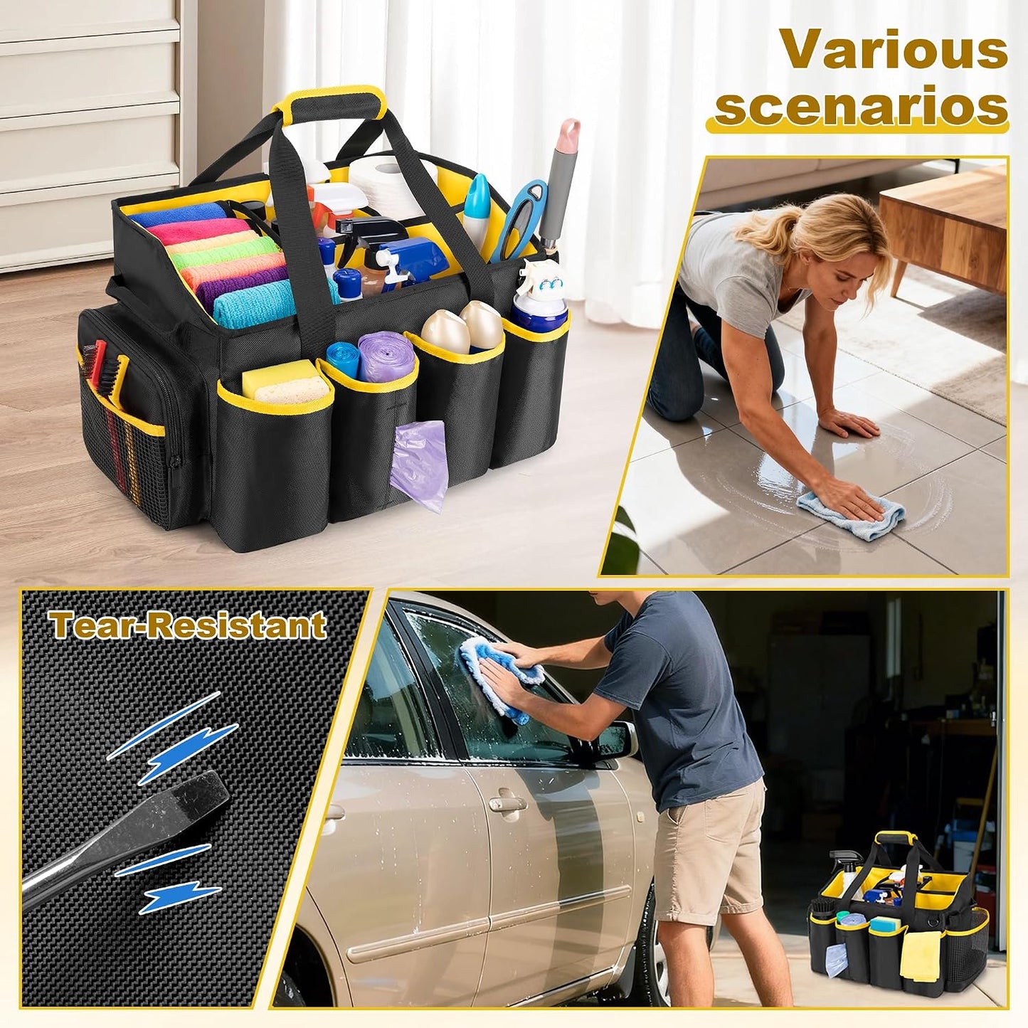 PGmoon Extra-Large Cleaning Caddy Organizer Bag with Handle | Cleaning Supply Tote Bag Built-in Support Boards for Car, Home, Housekeeping Work, Kitchen Cleaning Supplies