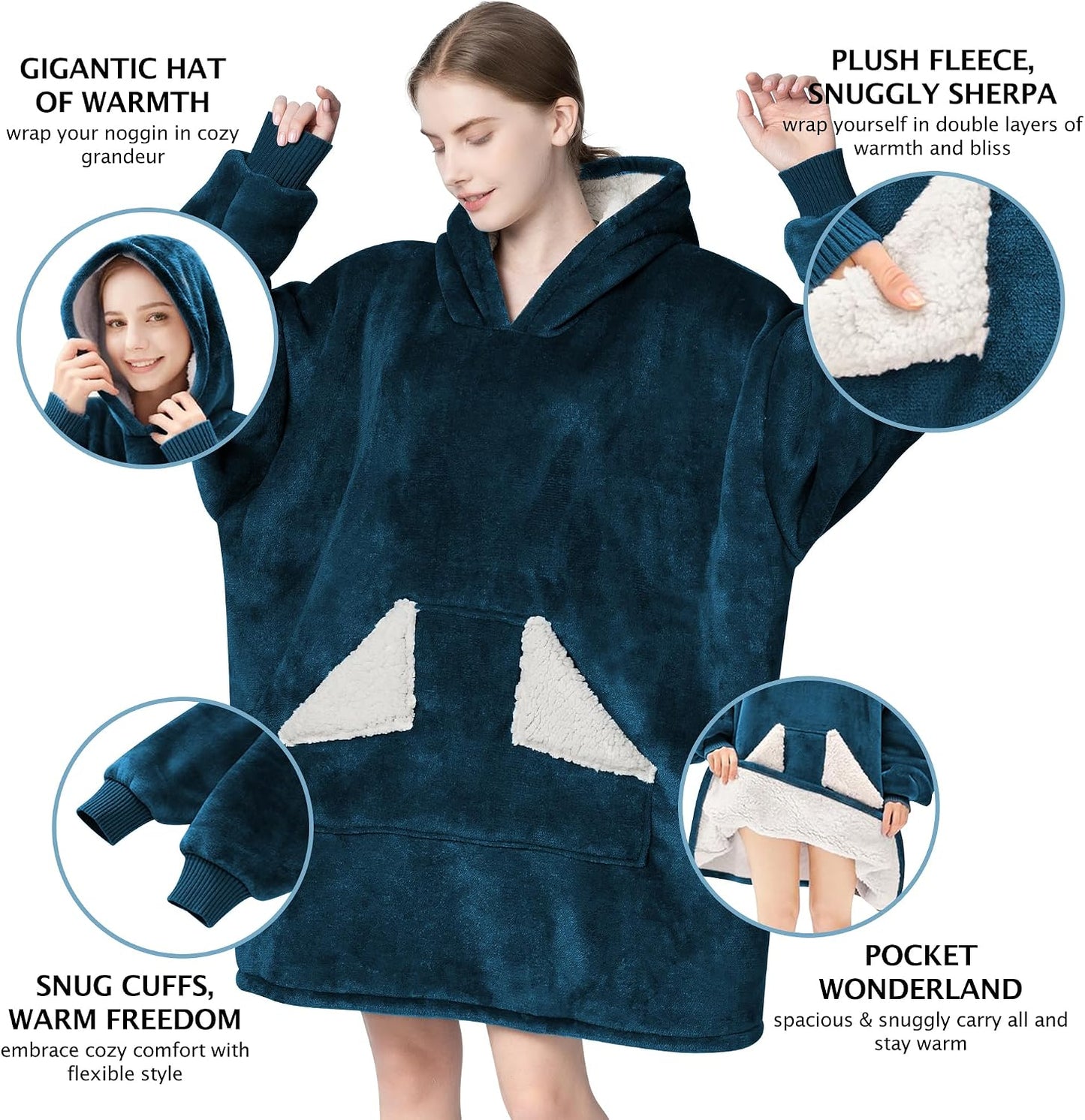 Wearable Blanket Hoodie, Oversized Sherpa Fleece Sweatshirt Blanket with Giant Hood Pocket and Sleeves for Adult, Warm & Cozy Grey Blanket Gifts for Women