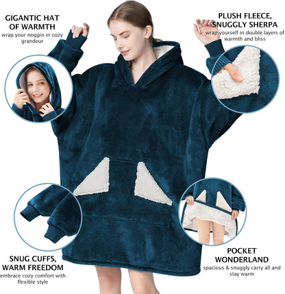Wearable Blanket Hoodie, Oversized Sherpa Fleece Sweatshirt Blanket with Giant Hood Pocket and Sleeves for Adult, Warm & Cozy Grey Blanket Gifts for Women