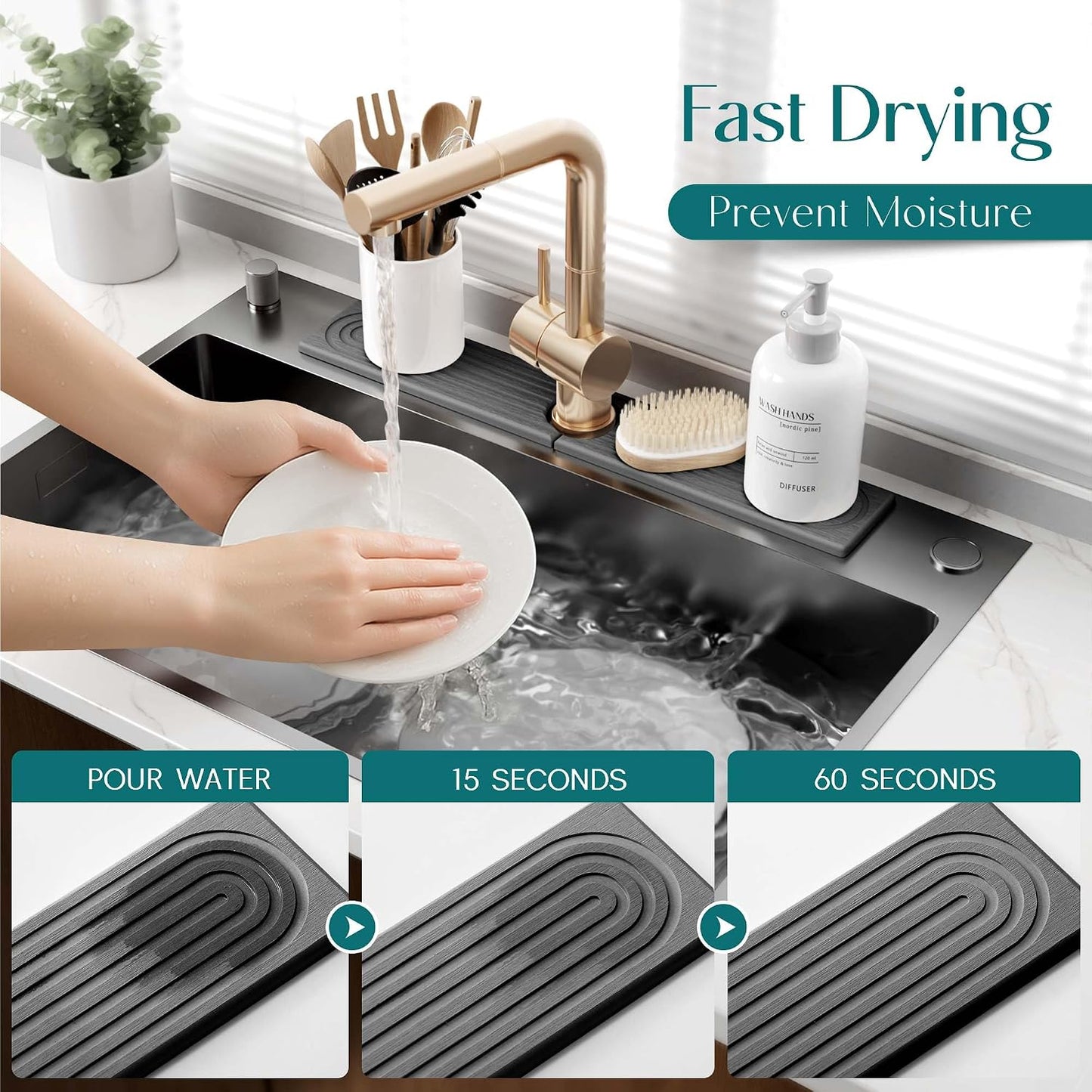 Stone Faucet Mat for Kitchen Sink – Diatomite Drying Stone Mat & Sink Protector, Prevents Moisture – Sink Splash Guard Water-Absorbing Stone Tray for Bathroom Counter (Light Grey, 20" x 3.9")