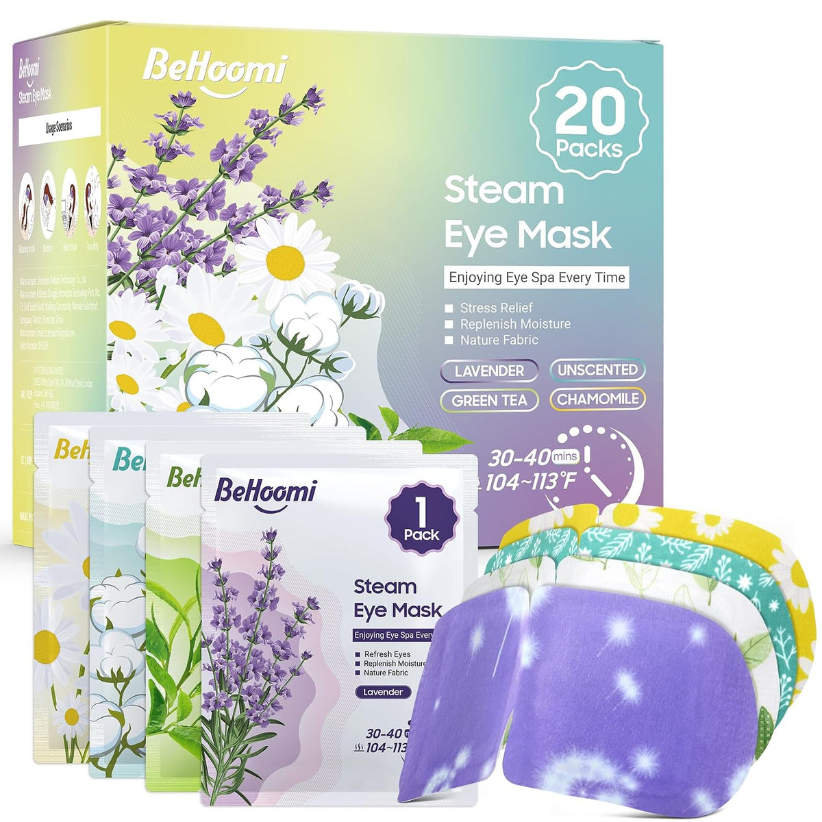 BeHoomi 20 Packs Steam Eye Mask, Heated Eye Mask Warm Compress for Eyes, Disposable Self Heating Steam Mask for Home, Sleep, Spa, Travel Essentials & Relaxation Gifts for Women (Unscented)
