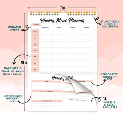Decorably 52 Sheets Pastel Rainbow Magnetic Weekly Meal Planner for Fridge | 7x10in Undated weekly meal planner and grocery list notepad, 100gsm non-bleed tear-off pad for kitchen & family meal prep