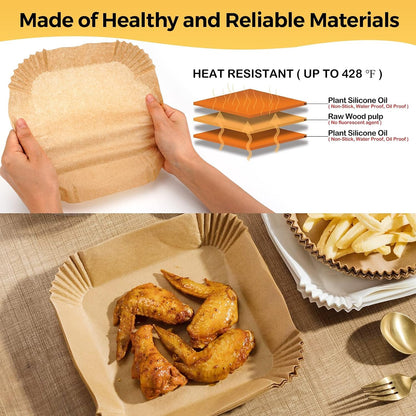 Air Fryer Liners Disposable, 100Pcs 8" Square Air Fryer Paper for 5-8 QT | Waterproof and Oilproof for Easy Cleanup, Unbleached Non-Stick Parchment Paper for 5-8 QT Air Fryer, Baking, Microwave, Oven