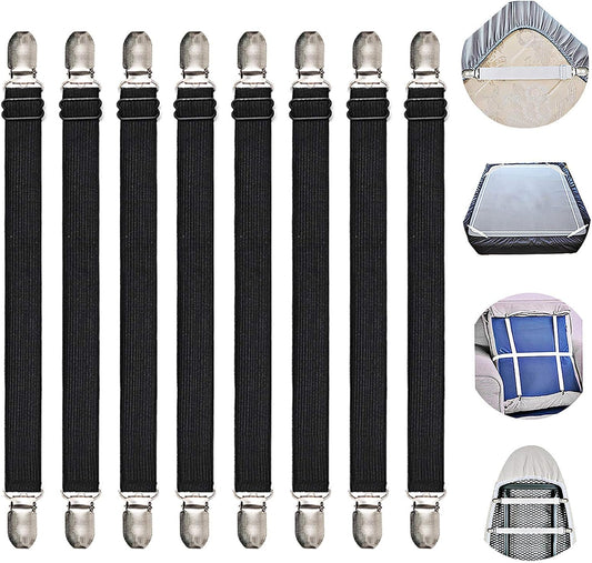 Adjustable Bed Sheet Straps Suspenders Elastic Sheet Fasteners Grippers Garters Clips for Flat & Fitted Sheet Corner Holder,Ironing Board Cover, Mattress, Cribs, Sofa Cushion& More(Short type--8 pack)