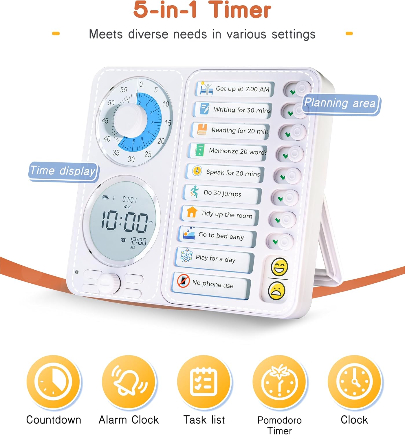 3-in-1 Visual Timer Task Timer with Chore Chart Board, ADHD Tool for Kids Adults Visual Schedule for Kids with Autism, Daily Checklist for Home, School, Classroom, Desk, Chore Chart