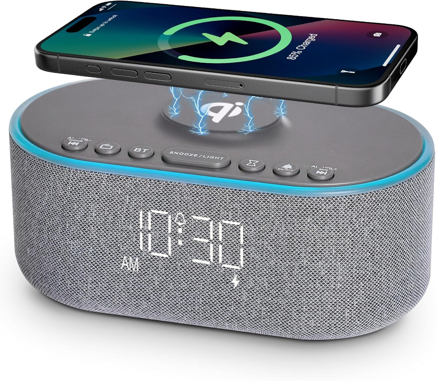 Odokee Qi Certified Wireless Charging Alarm Clock Radio for Bedroom | Fast Wireless Charger for iPhone Samsung - 10W Stereo Bluetooth Speaker - Dimmable Digital Clock with FM Radio - Black