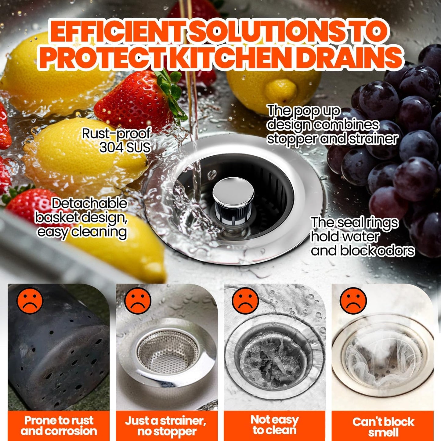 3 in 1 Kitchen Sink Drain Strainer Stopper Basket Pop Up Silver | Kitchen Sink Accessories Strainer Basket 2 Pack Silver,Stainless Steel Anti-Clog Catcher, Odor-Blocking Seal Fits 3.5" Drain