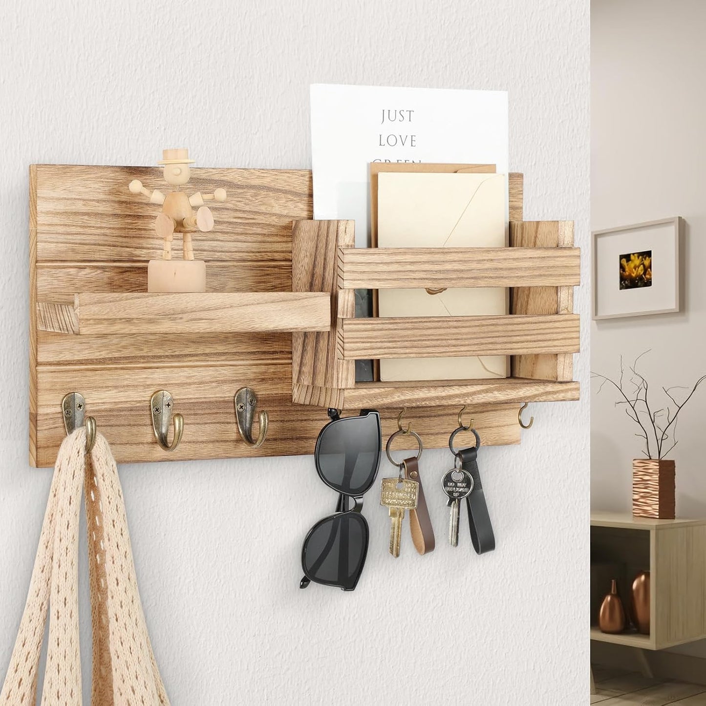 Lwenki Mail Organizer for Wall Mount – Key Holder with Shelf Includes Letter Holder and Hooks for Coats, Dog Leashes – Rustic Wood with Flush Mounting Hardware (16.5” x 8.7” x 3.5”)
