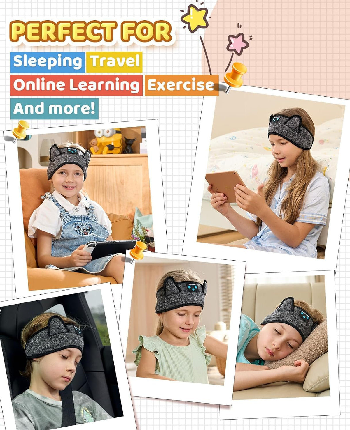 KIDSBAND Kids Bluetooth Headphones, Sleep Headband [Wireless & Wired Playback 2in1] Foldable Headphones for School/Travel/Tablet/Sleep
