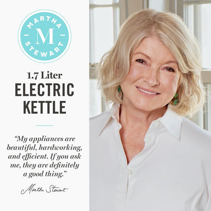 Martha Stewart 1.7L Glass Carafe Electric Kettle with Removable Tea Infuser | 7 Cups, 4 Presets, Rapid Boiling, Stainless Steel Tea Leaf Infuser, Cordless Swivel Base, Keep Warm, Auto Shut-Off, Linen