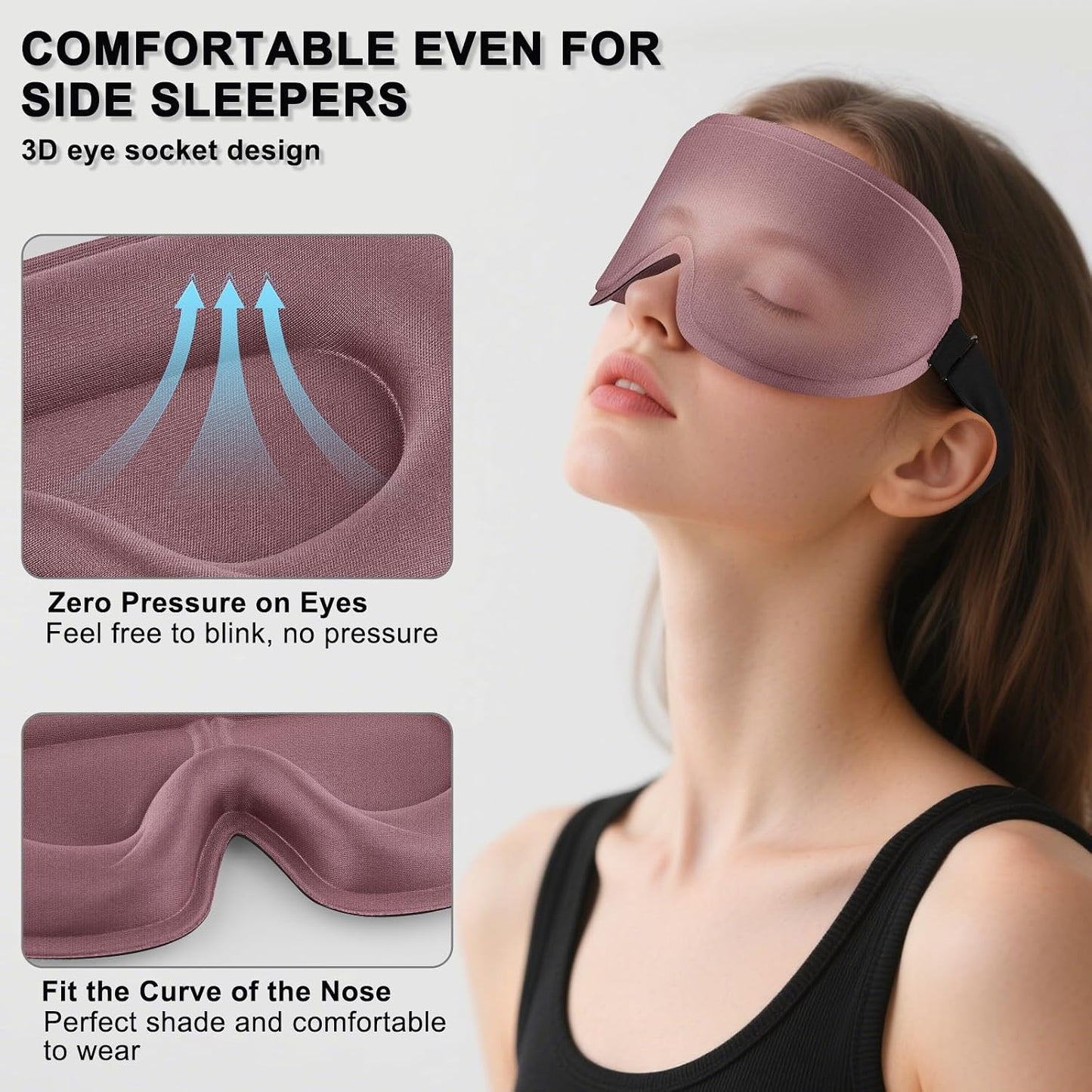 2 Pack Sleep Mask for Side Sleeper, Complete Light Blocking 3D Sleeping Eye Mask, Soft Breathable Eye Cover for Women Men, Travel, Nap, Relaxing Zero Pressure Night Blindfold (Pink+Purple)