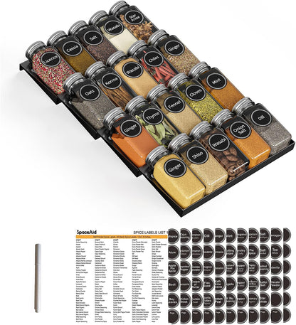 SpaceAid Spice Drawer Organizer with 28 Spice Jars, 386 Spice Labels, 4 Tier Seasoning Rack Tray Insert for Kitchen Drawers, 13" Wide x 17.5" Deep