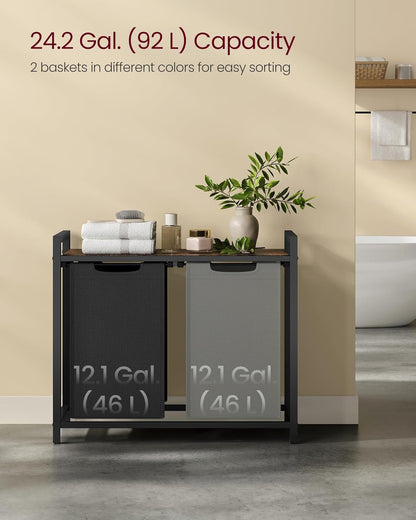 VASAGLE Laundry Hamper, Laundry Basket Sorter with 3 Pull-Out and Removable Bags, Shelf, Metal Frame, 3 x 10.6 Gallons (40 L), 36.4 x 13 x 28.4 Inches, Cappuccino Beige and Natural Beige UBLH301LH01