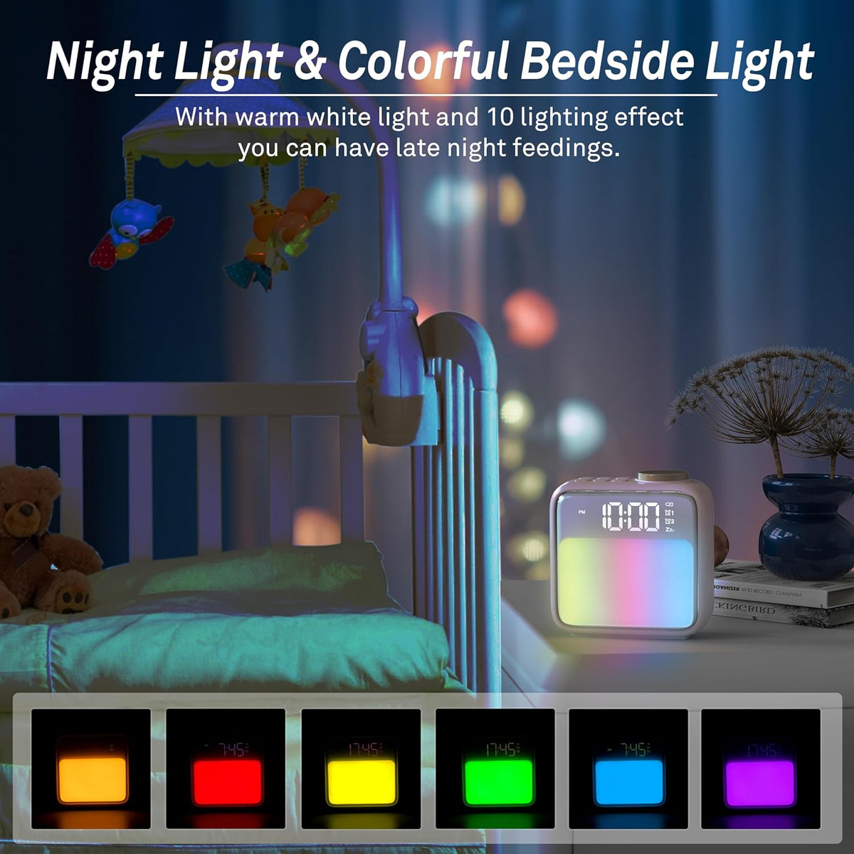 AIRIVO Alarm Clock Night Lights, Built-in Battery Alarm Clock for Bedrooms, 6 Scenes & White Noise Sync, Dual Alarms & Snooze, for Heavy Sleepers, Gifts for Kids Teens