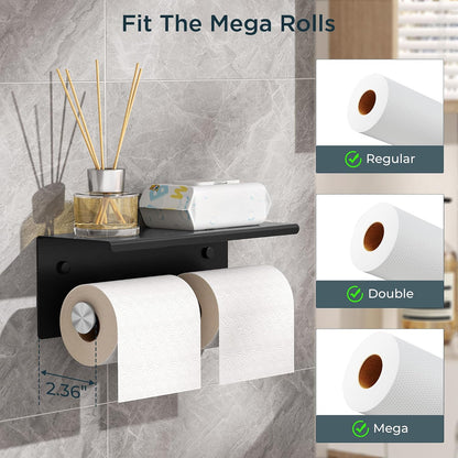 FORIOUS Toilet Paper Holder with Shelf, Commercial Toilet Paper Dispensers | Brushed Nickel | Wall Mount Bathroom Tissue Holder | SUS304 Stainless Steel Rustproof | Double Tissue Roll Holder
