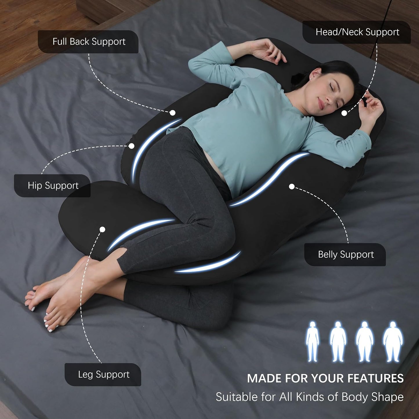 MOON PARK Pregnancy Pillows for Sleeping - 57 Inch U Shaped Full Body Maternity Pillow with Removable Cover - Support for Back, Legs, Belly, Hips - Pregnancy Pillow for Women - Grey