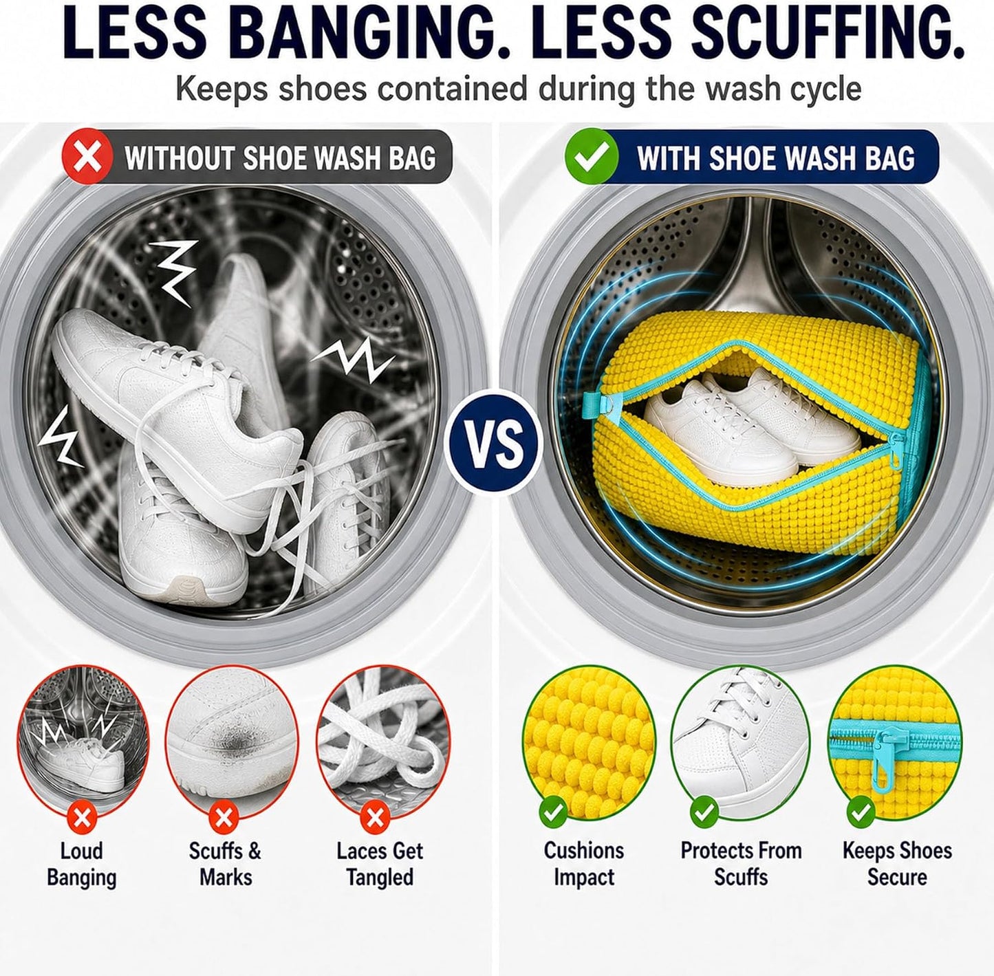 Shoe Washing Machine Bag: Shoes Come Out Clean & Protected during Washing | 2PC Laundry Shoe Bag for Washer and Dryer, Auto-Lock Zipper, Chenille Microfiber Lining, 17 x 7.5 inch, Durable, Yellow