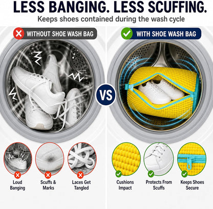Shoe Washing Machine Bag: Shoes Come Out Clean & Protected during Washing | 2PC Laundry Shoe Bag for Washer and Dryer, Auto-Lock Zipper, Chenille Microfiber Lining, 17 x 7.5 inch, Durable, Yellow