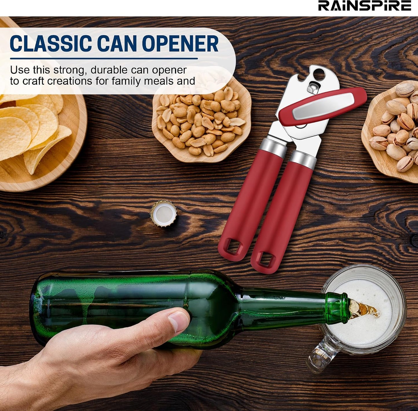 Rainspire Can Opener Manual Handheld Strong Manual Can Opener Smooth Edge Cut, Can Opener Heavy Duty, Comfortable Soft Handle, Built-in Bottle Opener, Turquoise