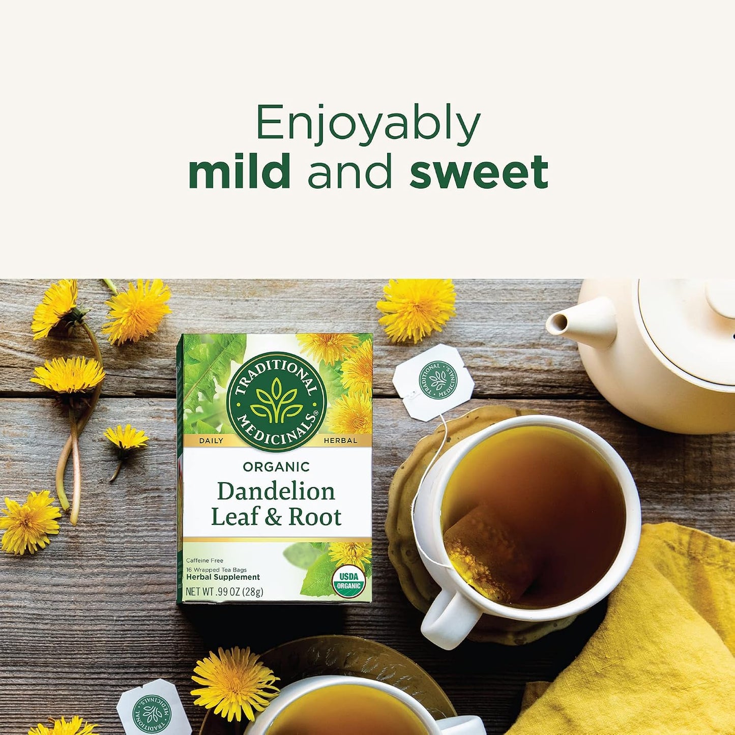 Traditional Medicinals Organic, Dandelion Leaf & Root - Dandelion Root Tea, Supports Normal Detox + Digestion - Kosher, Non-GMO, Caffeine-Free, Compostable - 16 Tea Bags