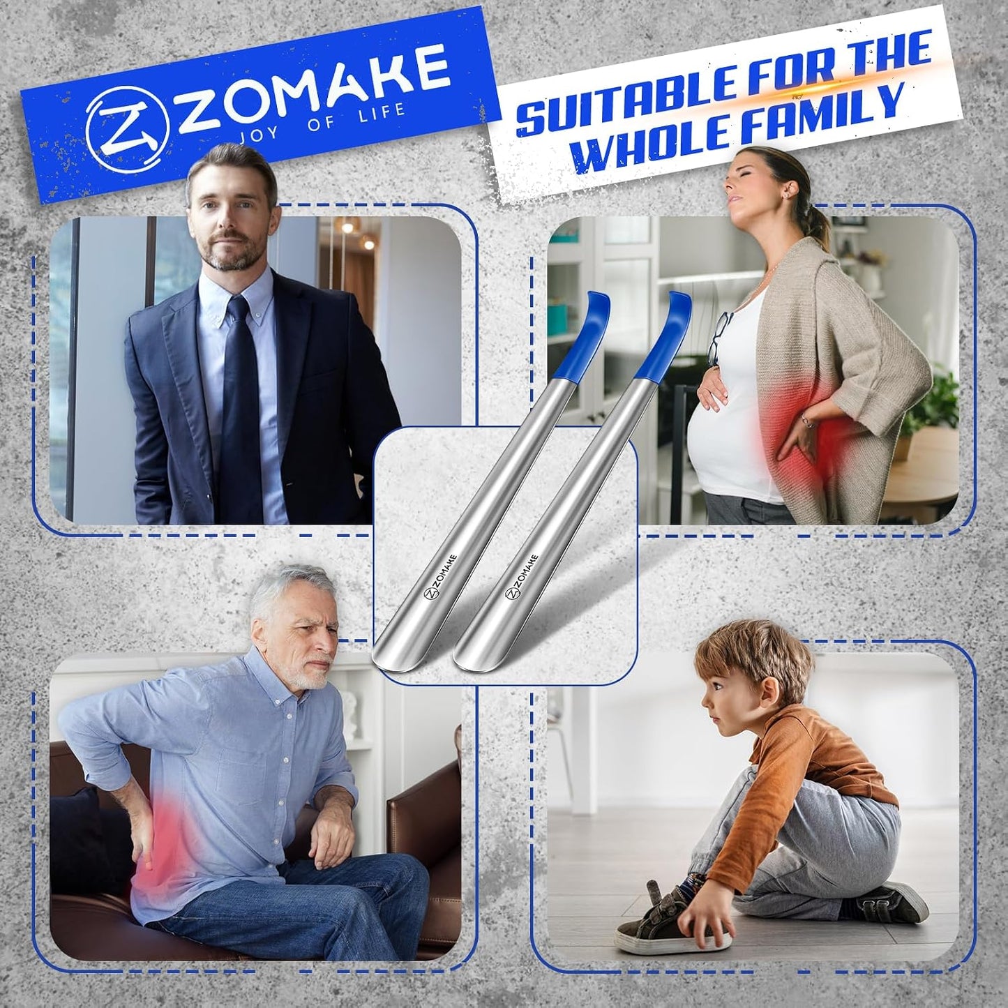 ZOMAKE Shoe Horn Long Handle for Seniors Men Women, Metal Shoehorn 16.5" | Stainless Steel Boot Horn Shoe Spoon Helper, Comfort Grip Handle, Smooth Edges, No Bending Required, Shoe Care for Daily Use