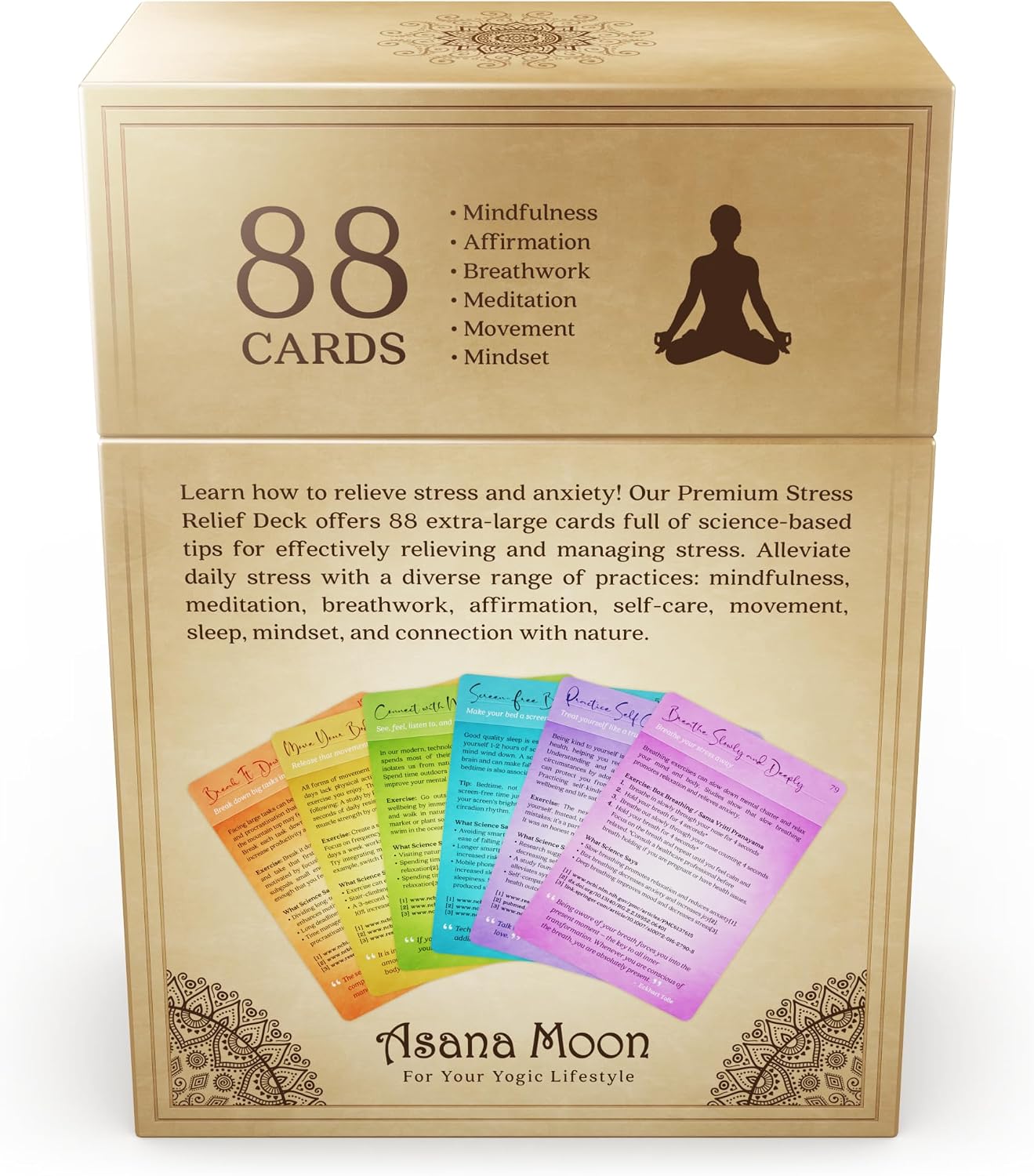 Asana Moon Stress Relief & Self Care Cards with Positive Affirmations - Calming Anti Anxiety Gift with Meditations