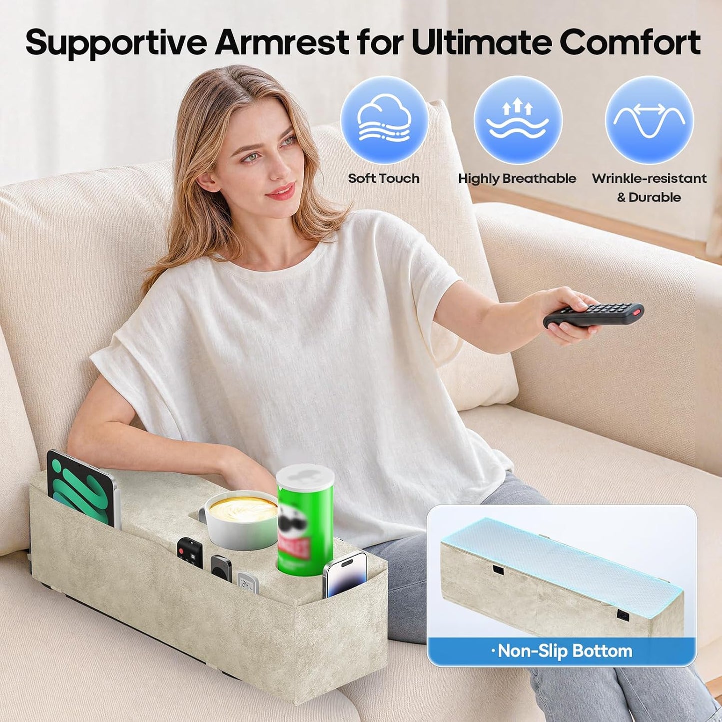 Removable Sofa Armrest Couch Caddy with Cup Holder Insert Between Cushions | Sofa Accessories Storage, Couch Armrest Pillow Table with Drink Holder