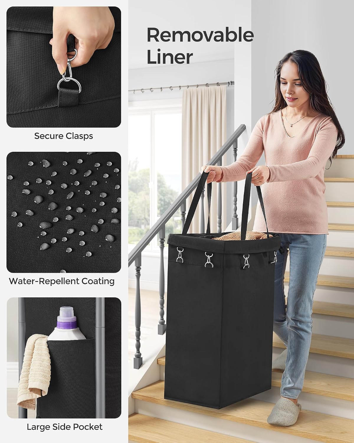 SONGMICS Laundry Basket with Wheels, 4-Section Rolling Laundry Hamper, 68.6 Gallons (260 L), Removable Liner, Steel Frame with Handle, 43.3 x 15.4 x 31.9 Inches, Cream White URLS014W01