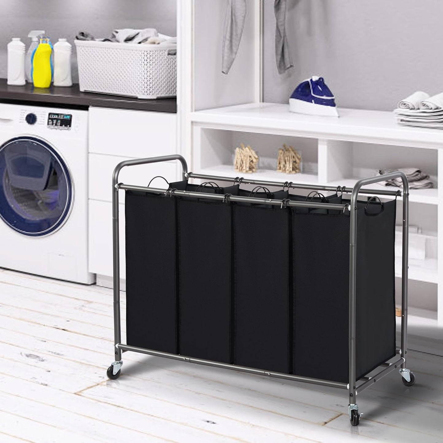 STORAGE MANIAC 3 Section Laundry Sorter, 35.6 Gal (135 L) Laundry Hamper Cart with Heavy Duty Rolling Lockable Wheels and Removable Bags, Clothes Organizer Basket Separator Hamper, Gray